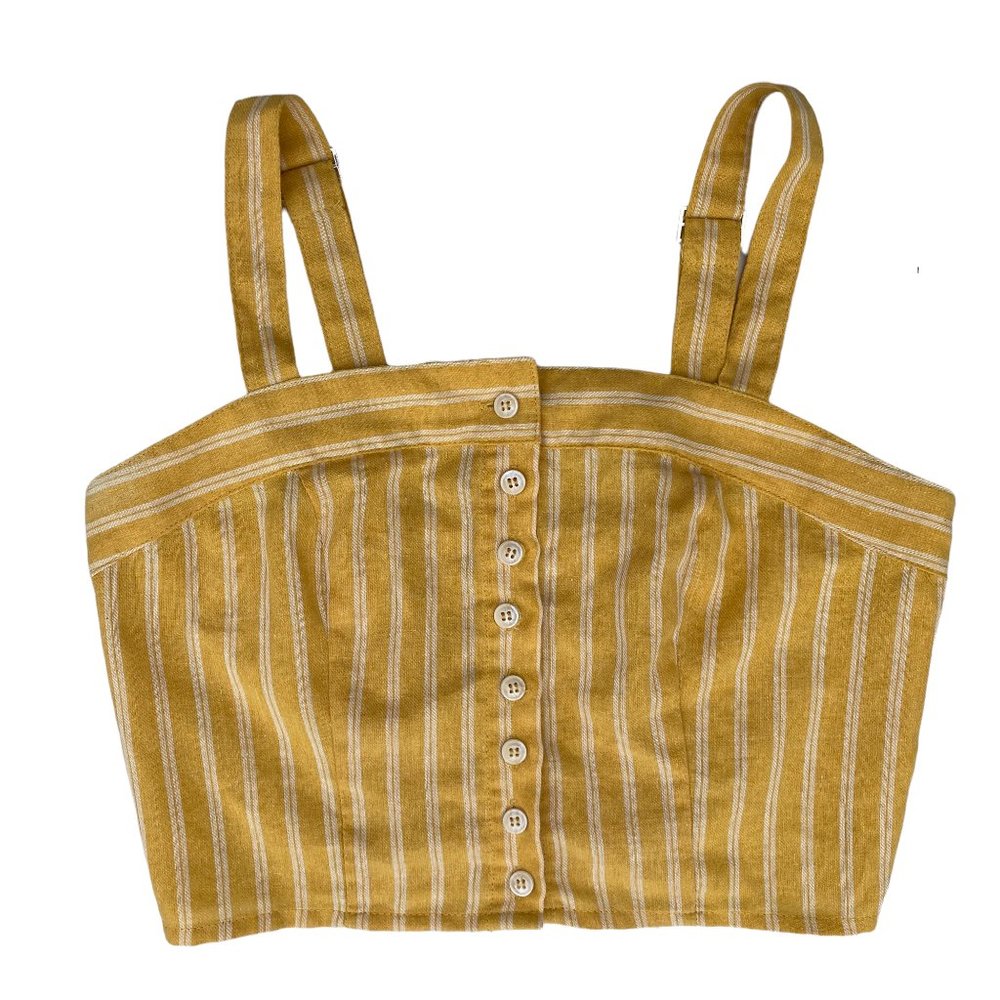 Full Tilt Linen Cotton Striped Crop Tank Top Button Front Smocked Boho Cottage-S